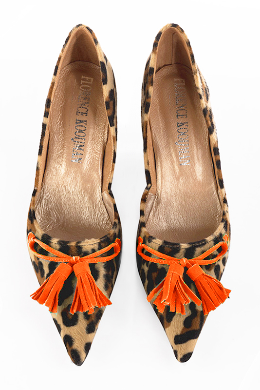 Safari black and clementine orange women's open arch dress pumps. Pointed toe. Very high slim heel. Top view - Florence KOOIJMAN